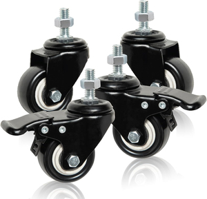 2-Zoll-PU-Lenkrollen-Set, <span class=keywords><strong>4</strong></span> Stück, 3/8"-16 x 1 Zoll Rollen mit Doppelbremse für Möbel, Wagen, Trolleys, Werkzeugkästen - Product Image 1