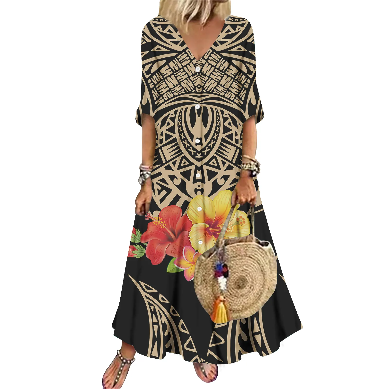 No Minimum Pacific Island Art Personality Upscale Evening Dress Polynesian Customized On Demand Button Collar Long Sleeve Dress