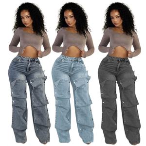 Jeans da Donna Autunnali, Pantaloni Dritti in Denim, Stile Hipster con Bottoni, <span class=keywords><strong>Taglie</strong></span> <span class=keywords><strong>Forti</strong></span>, Moda Femminile - Product Image 1