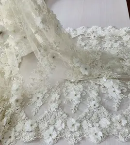 Nova chegada de noiva 3d flor lace applique tecido bordado com mão pesada frisado strass para vestido de noiva, tecido de ações
