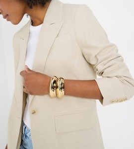 Women's Oatmeal <b>Blazer</b> Three Quarter Sleeve Notched Collar Single <b>Button</b> Solid Color Regular Fit Breathable Woven Fabric - Product Image 2