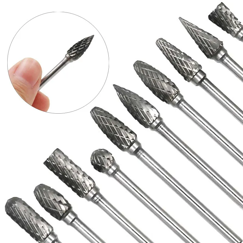 10pcs Shank Tungsten Carbide Milling Cutter Rotary Tool Burr Double Diamond Cut Rotary Dremel Tool Wood Electric Grinding