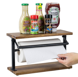 Portarotolo in Legno con Ripiano Superiore <span class=keywords><strong>e</strong></span> Struttura in Metallo Nero, Porta Spezie da Cucina Autoportante per Piano di Lavoro - Product Image 1