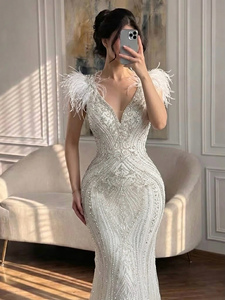 Abito da Sera Elegante Serene Hill LA73098A Bianco con Perline, Stile Sirena, Senza Spalline, per Cerimonie Nuziali - Product Image 2