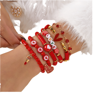 Romantic <b>Red</b> Heart Beaded <b>Bracelet</b> Set Women's Love Charm Jewelry Gold Plated Acrylic Resin Bangles Gift - Product Image 4
