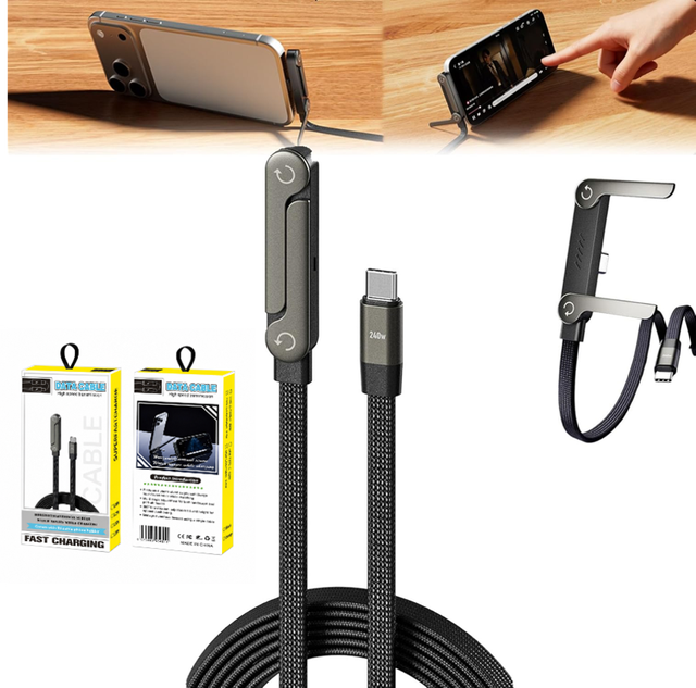 240W USB C to USB C Fast Charging Cable 1.5M With 90 Degree Foldable Connector Phone Stand Design Nylon Braided Cable