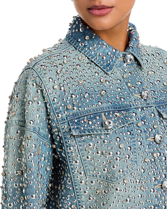 Veste en jean délavée bleu clair pour femme, coupe courte, à boutons, col à revers, entièrement ornée de strass, style streetwear pour soirée - Product Image 4