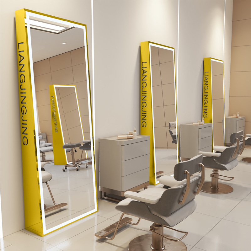 Single-sided floor mirror golden stainless steel frame-with lamp