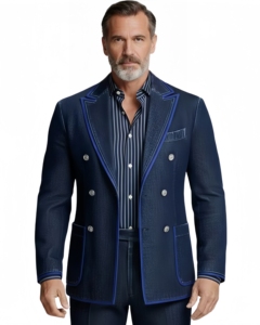 Blazer en jean bleu marine pour homme avec passepoil bleu roi – Veste de costume élégante et formelle au design sur mesure de qualité supérieure - Product Image 1