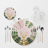Service de Table en Porcelaine Fine à Bord Doré Motif Floral Feuille de Jungle Rose et Élan, Plusieurs Tailles, Cadeau de Mariage, Vente en Gros