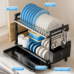 Égouttoir à vaisselle double couche en acier au carbone pour comptoir de cuisine avec porte-couverts et plateau pour un séchage rapide et un rangement facile - Product Image 4