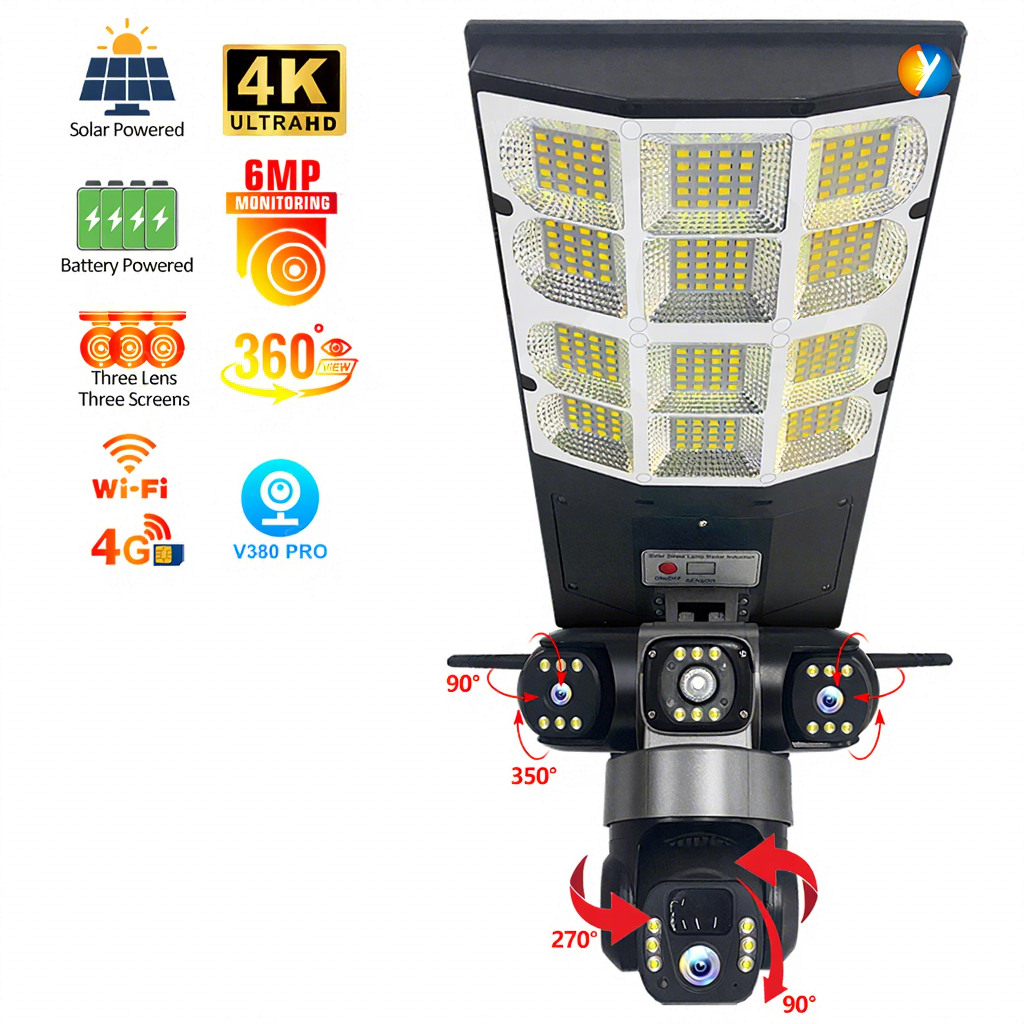Outdoor <strong>Solar</strong> Street Light with CCTV <strong>Camera</strong> 12MP Triple Lens 4G WiFi All-in-One PIR Sensor <strong>Security</strong> Lamp for Garden Road