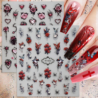 Autocollants 5D pour ongles motif rose gothique, décalcomanies florales romantiques sombres en forme de cœur et de épines, autocollants adhésifs DIY pour manucure