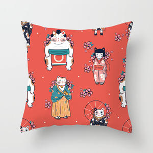 Nueva llegada lindo gato de dibujos animados buena suerte gato patrón Digital impreso funda de almohada funda de cojín de poliéster - Product Image 3