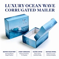 Boîtes d'emballage et d'expédition de luxe sur mesure en carton ondulé imprimé vagues océaniques pour vêtements de boutique avec logo bleu