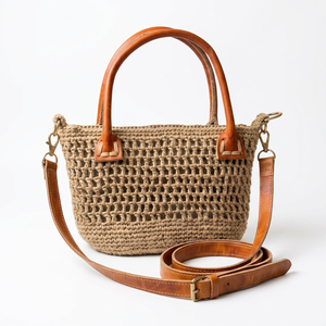 Bolso Tote Mini de Ganchillo con Asas de Rafia, Cierre de Cremallera, Estilo Bohemio de Verano, Bolso de Mano Abierto para Mujer - Product Image 1