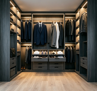 Dressing sur mesure en forme de U, armoire intégrée en bois foncé avec éclairage LED, meuble de rangement pour dressing