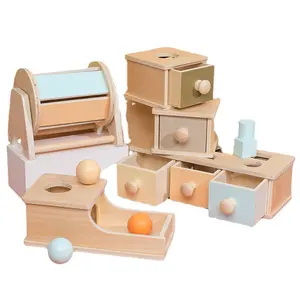 Montessori Object Permanence Box Wooden storage Toy Tray and Ball Drop ,Spinning Drum,infant Coin ball Box