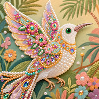 Peinture de perles de forme spéciale, colibri blanc avec paysage de fleurs violettes et roses, kit artisanal haut de gamme, décoration murale, cadeau