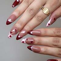 Offre Spéciale Saint-Valentin : Faux Ongles en Acrylique Rouge Vin à Pois Cœur, Forme Amande Française, Longueur Moyenne, Vente en Gros, Personnalisables