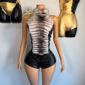 Bahar güz kadın giyim moda Backless kürk Patchwork kırpma üst + şort <span class=keywords><strong>2</strong></span> parça Set kız seksi Y2K iki parçalı Set kadın - Product Image 2