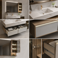 Meuble-lavabo flottant de luxe moderne avec vasque et miroir LED, ensemble de meubles de salle de bain en bois à fixation murale pour projets hôteliers et d'appartements