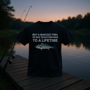 Camiseta divertida con meme: Compra una camiseta sarcástica e irónica con la frase 'Compre un hombre, coma pescado, haga que el hombre le enseñe al pez a comer durante una vida'. - Product Image 3