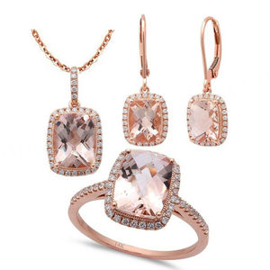 Ensemble de bijoux de fiançailles en argent sterling 925 avec halo en zircon cubique et morganite taille émeraude, vente en gros - Product Image 1