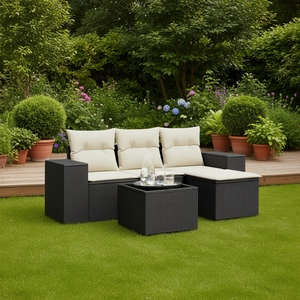 Ensemble de canapés modulaires de jardin en rotin noir avec coussins en mousse haute densité, mobilier d'extérieur contemporain pour usage extérieur - Product Image 2