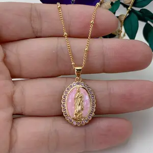 IVIAPRO New Arrival Fashion Custom Jewelry 18K Gold Plated Pink Shell Virgin Mary Pendant Necklace For Women