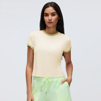 Top Deportivo Corto Transpirable con Ribete en Contraste, Cuello Redondo, Manga Corta, para Correr, Gimnasio, Entrenamiento, Ropa Deportiva al por Mayor, Top de Yoga para Mujer