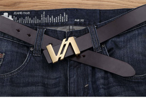 Luxe Simple Design Jeunes Étudiants Jeans <span class=keywords><strong>Ceinture</strong></span> En Cuir Top Grain Importé Italien Avec Double V Lettre <span class=keywords><strong>Boucle</strong></span> En <span class=keywords><strong>Laiton</strong></span> - Product Image 6