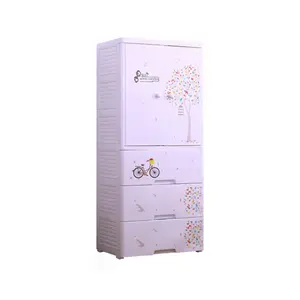 Artistic Conception Series DIY Assembled Double Door Plastic Baby Clothes Storage Bedroom Wardrobe with 3 Storage Drawers