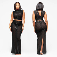 Ensemble jupe longue deux pièces en maille ornée de strass, haut court sans manches à col rond et perles, pour femme, idéal pour les soirées et clubs