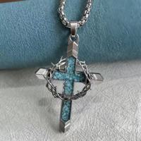 Nouveau Collier Croix Couronne Épineuse Incrusté de Turquoise, Vente Chaude Direct Usine, Style Hip Hop Punk pour Hommes, Vente en Gros, Marque Privée, Cadeau pour Hommes