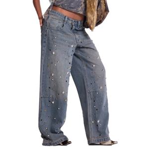 Jean Colossus en denim épais 100 % coton pour homme, coupe oversize style skate, taille basse, gris bleu délavé, clouté, vente en gros - Product Image 4