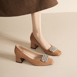 5688C-176 Suede Pumps Square Toe <b>Block</b> Heel Rhinestone Decor Korean Style Women's Shoes - Product Image 3