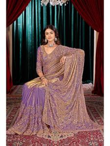 Sari de luxe en satin Fandy de qualité supérieure avec broderie de perles grandioses, chemisier de créateur inclus pour les mariages, les fêtes et les occasions festives - Product Image 4