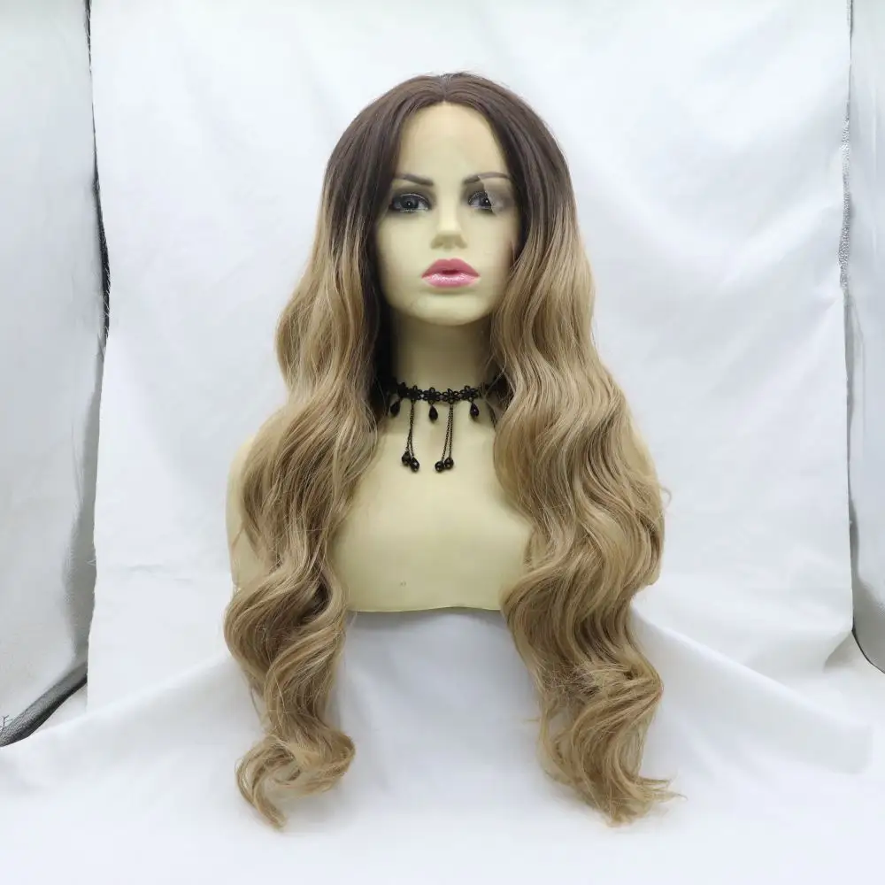 24 inch Long Body Wave Synthetic Hair Lace Front Wigs Dark Root Ombre Brown 13x4 Wigs for Black Women