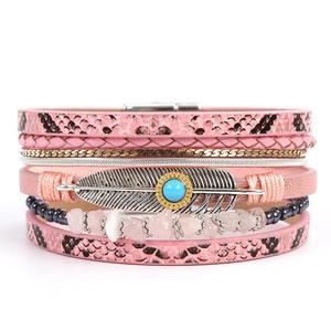 BOHO Gemstone Leaf Feather Multilayer <strong>Leather</strong> Bracelet with Magnetic Clasp Men Women Colorful Stone <strong>Leather</strong> Wrap Bracelets Gifts - Product Image 4