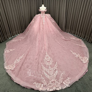 Vestido de Quinceañera de Princesa, Largo hasta el Suelo, con Cola de Capilla, de Gasa Rosa, con Apliques de Encaje y Cuentas, para Fiesta de Noche Formal - Product Image 5