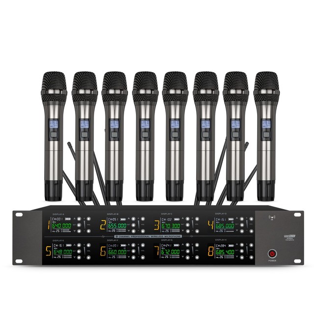 Professional 8 Channel Wireless Microphone System UHF Metal Handheld Mics for Church Events