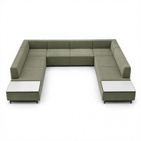 Grand canapé modulaire en forme de U en velours sauge avec des tables d'appoint en marbre Calacatta