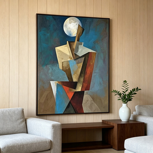 Pintura al Óleo Pintada a Mano de Inspiración Vintage, Cubismo, Figura Humana Geométrica, Paisaje Lunar, Arte de Pared en Lienzo - Product Image 4