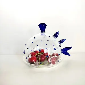 新到货蛋糕盘带玻璃圆顶手工吹制创意鱼形玻璃圆顶水果甜点盘红茶蛋糕架