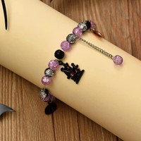 Bracelet extensible Halloween 2025 avec perles de cristal noires et violettes, breloques citrouille, château et chauve-souris, cadeau