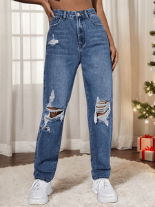 Wanbocre Jeans de pierna recta para mujer, cintura alta, diseño vintage rasgado, pantalones vaqueros de longitud completa, corte holgado, estilo otoñal - Product Image 3