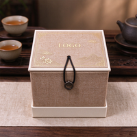 Boîte cadeau rigide en papier pour tasses à thé, avec couvercle articulé et revêtement en lin, personnalisable avec logo et motif, pour l'emballage d'articles de thé.