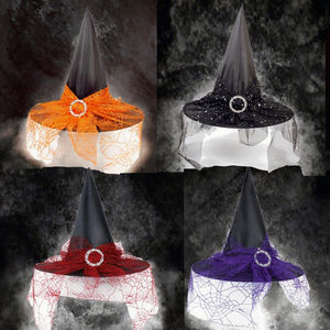 หมวกแม่มดฮาโลวีนสำหรับผู้หญิงขายดีหมวกแม่มดสีดำผ้าโพลีเอสเตอร์ลูกไม้ตาข่ายหัวเข็มขัดพ่อมดสำหรับงานเทศกาลปาร์ตี้ FL1333เฟย์ - Product Image 3