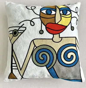 Algodón suave colorido abstracto retrato Animal patrón bordado tiro funda de cojín Piccaso pintura bordado a mano almohada